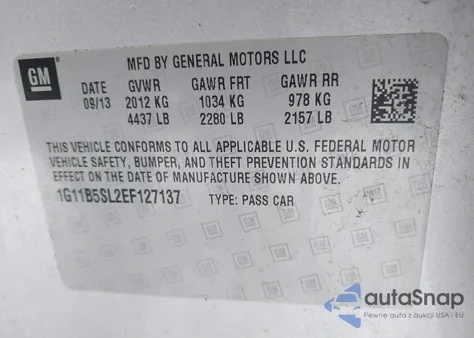 2014 Chevrolet Malibu 1Ls z USA, uszkodzony, nr VIN 1G11B5SL2EF127137